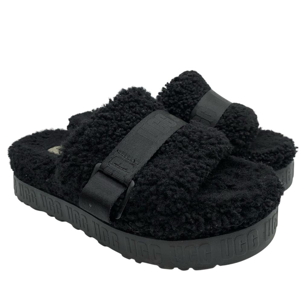 UGG Fluffita Platform Sheepskin Slipper Black Size 9/9.5 Lounge Travel Fuzzy‎ - Picture 2 of 11